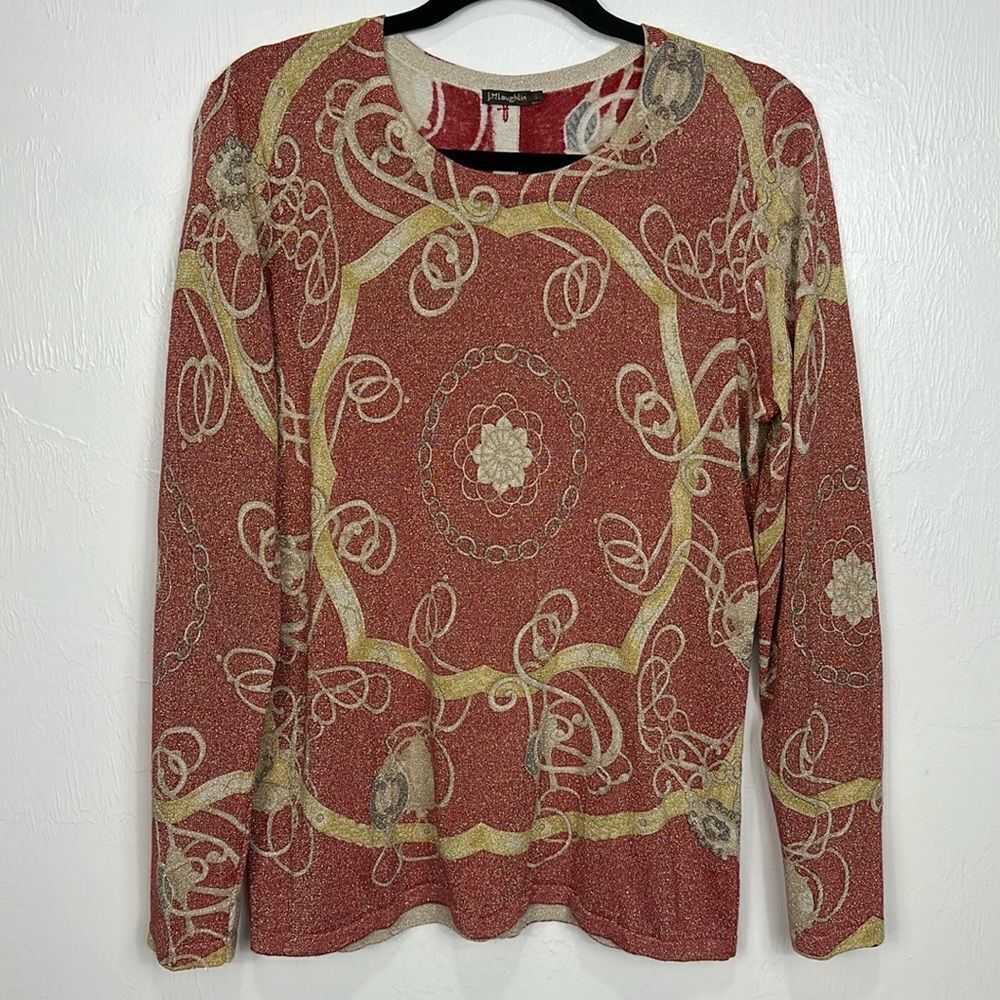 J. McLaughlin Crew Neck Metallic Equestrian Print Pullover Sweater Size L